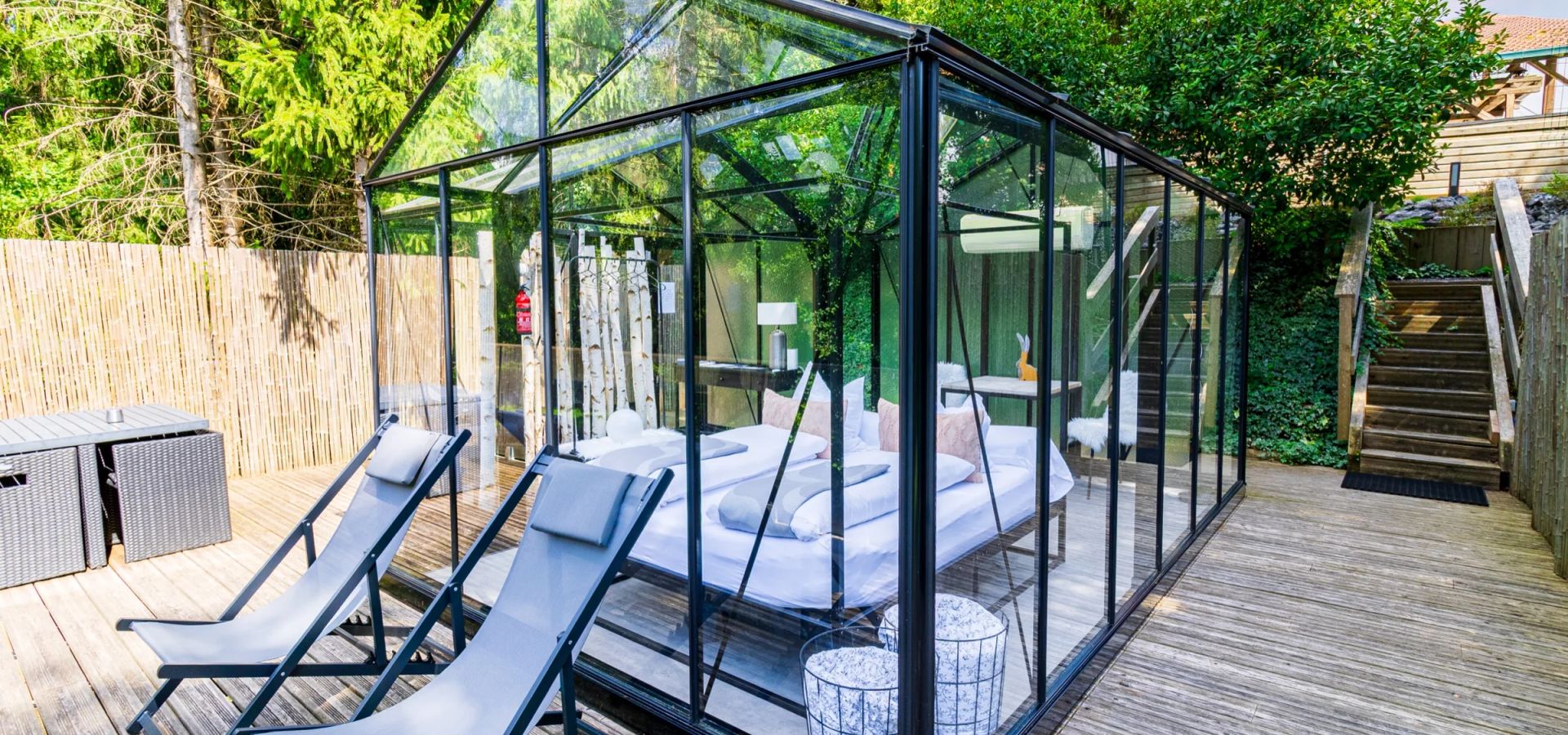 Vue lumineuse sur la nature depuis la Chambre de Verre