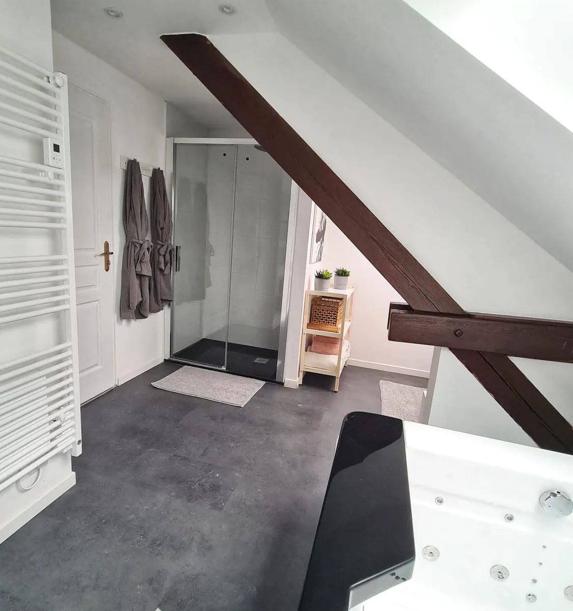 Salle de bain du Gîte de l'Alchimiste avec douche et poutres apparentes